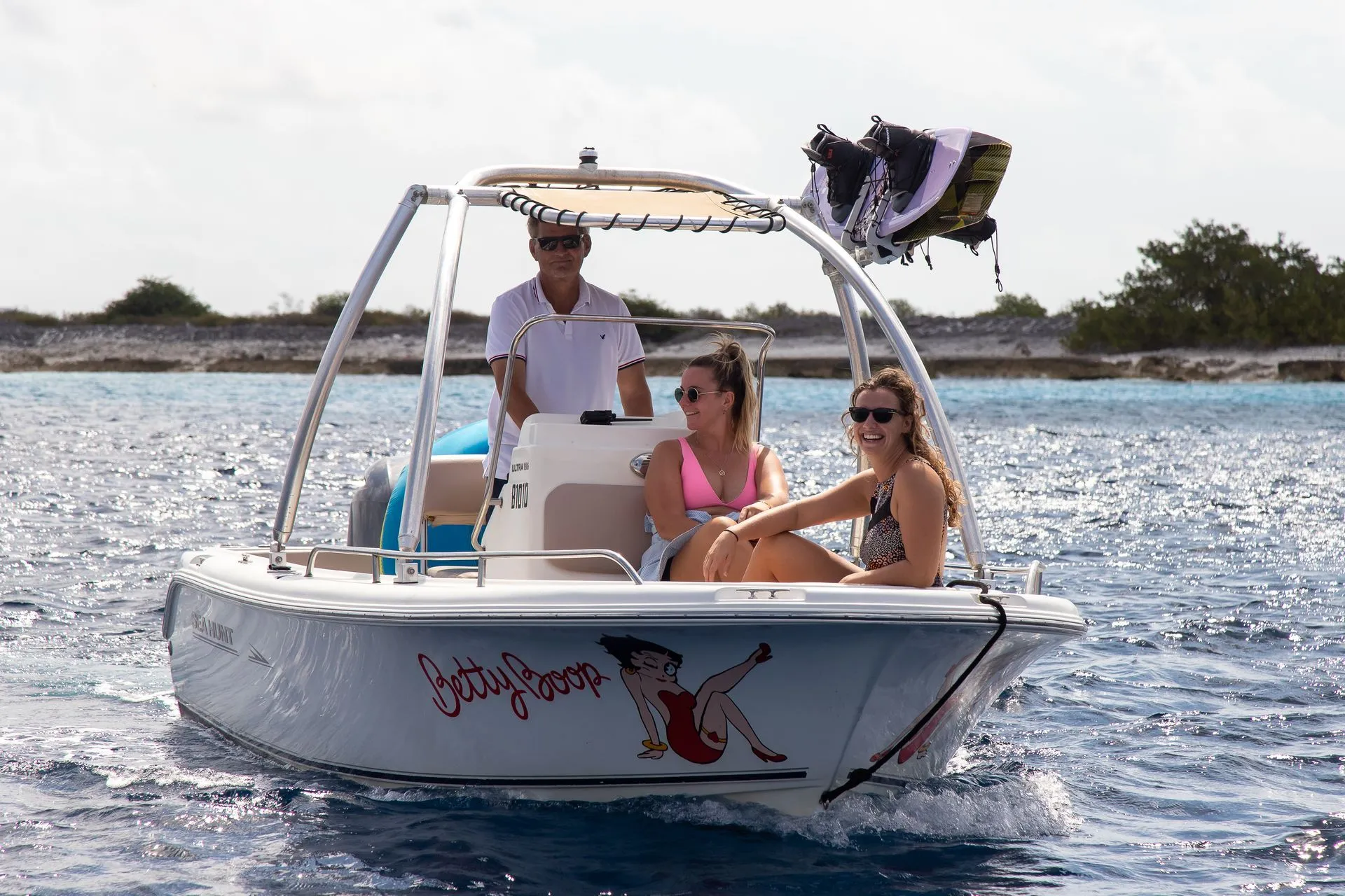 Betty Boop, Blue Bay Bonaire motorboat on the water