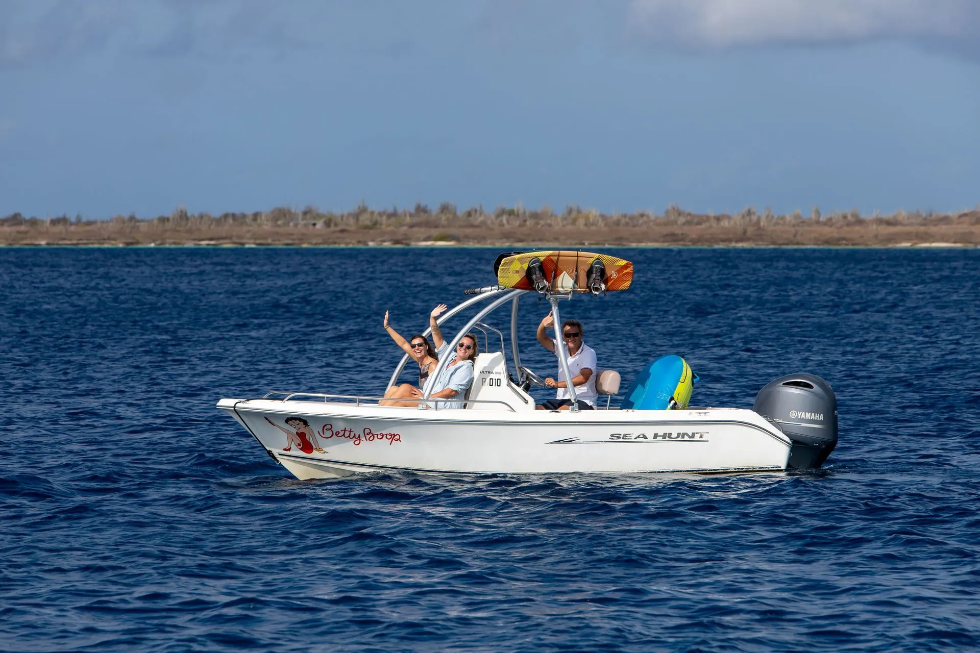 Betty Boop, Blue Bay Bonaire motorboat on the water