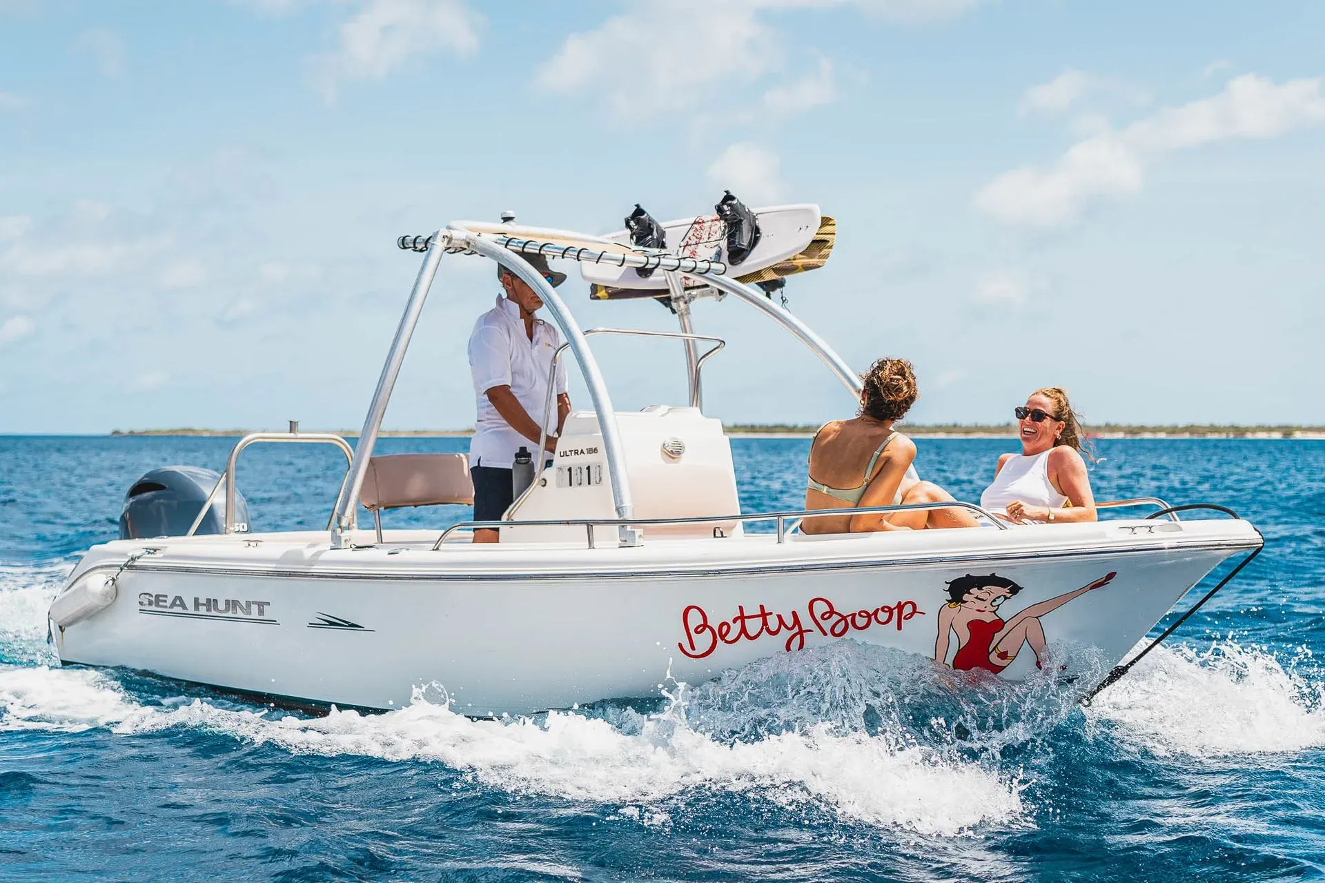 Betty Boop, Blue Bay Bonaire motorboat on the Caribbean Sea